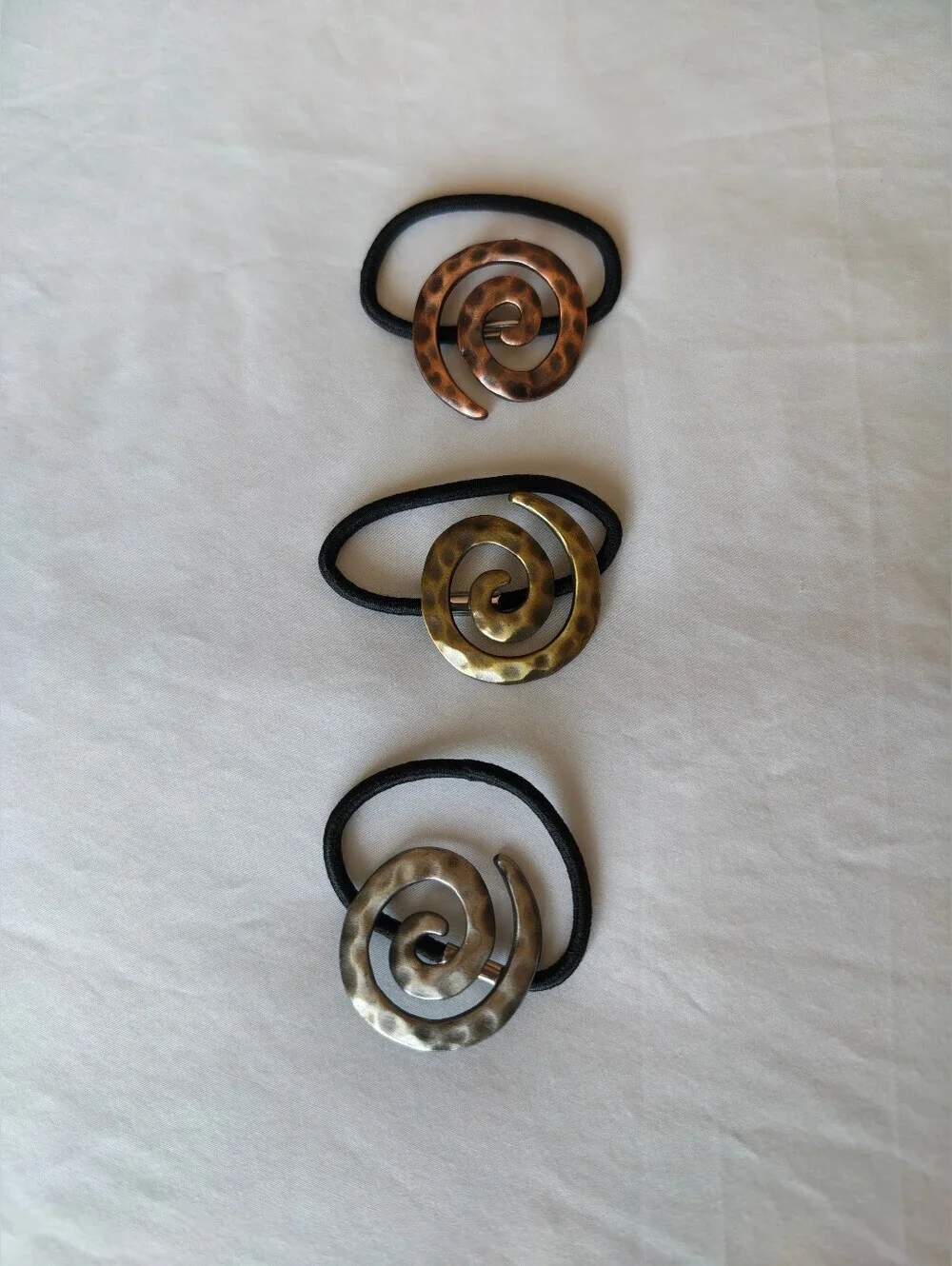Set Of Three Spiral Hammered Metal Hair Tie - Brown, Gold, Silver